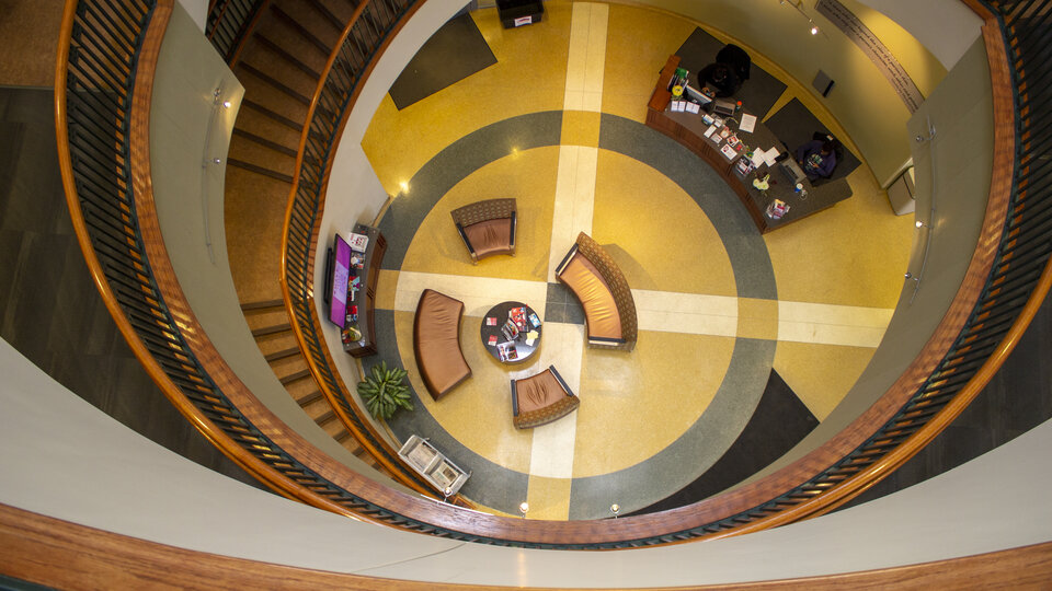 Overhead photo of spiral staircase in the Jackie Gaughan Multicultural Center.