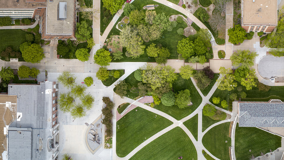 Aerial of city campus. May 11, 2020. Photo by Craig Chandler / University Communication