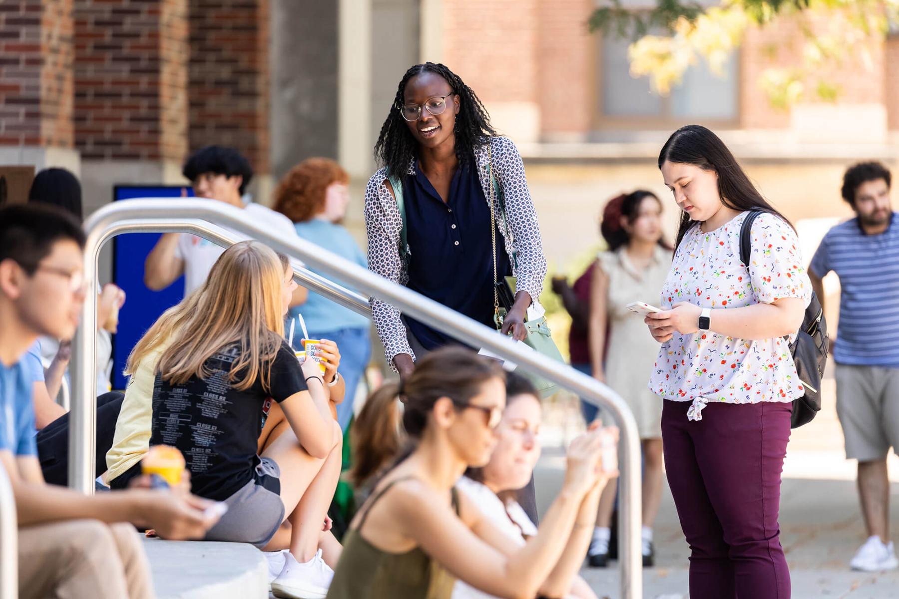 Students talking outside on Union Plaza